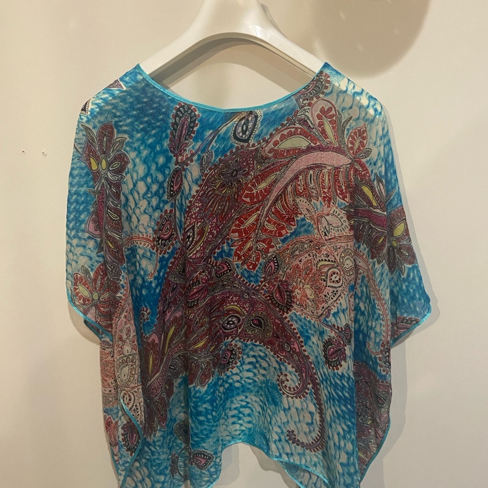 Elegant Paisley Sheer Blouse in Blue and Red